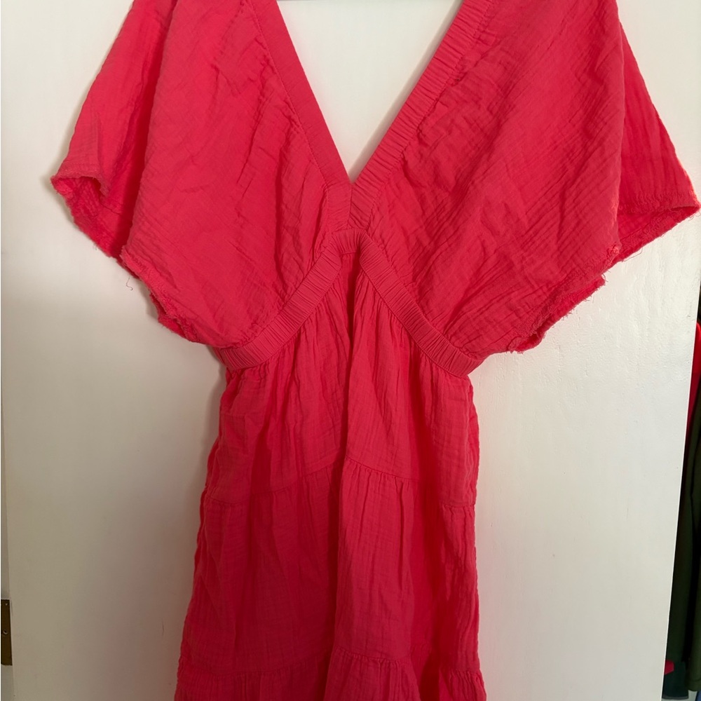 Aerie Gauze Vibrant Pink V-Neck Dress